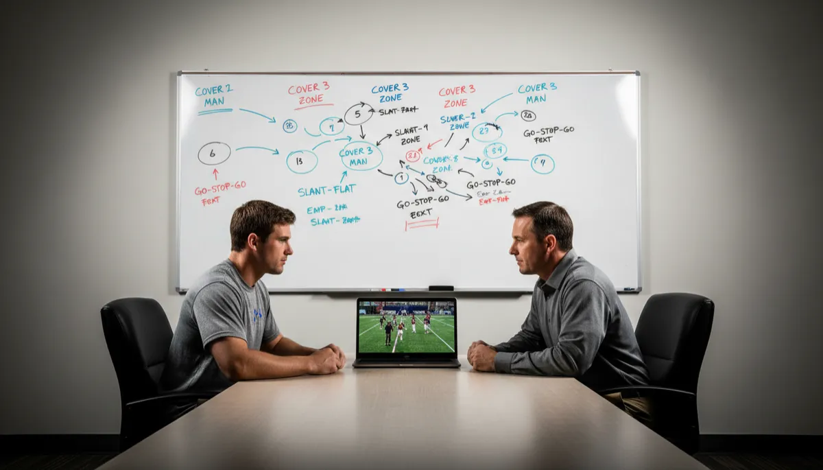 Player and coach analyzing football scheme and roles on a laptop in a meeting room