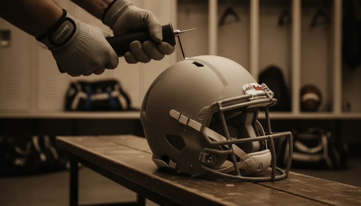 Adult adjusting air pressure in a football helmet with a pump