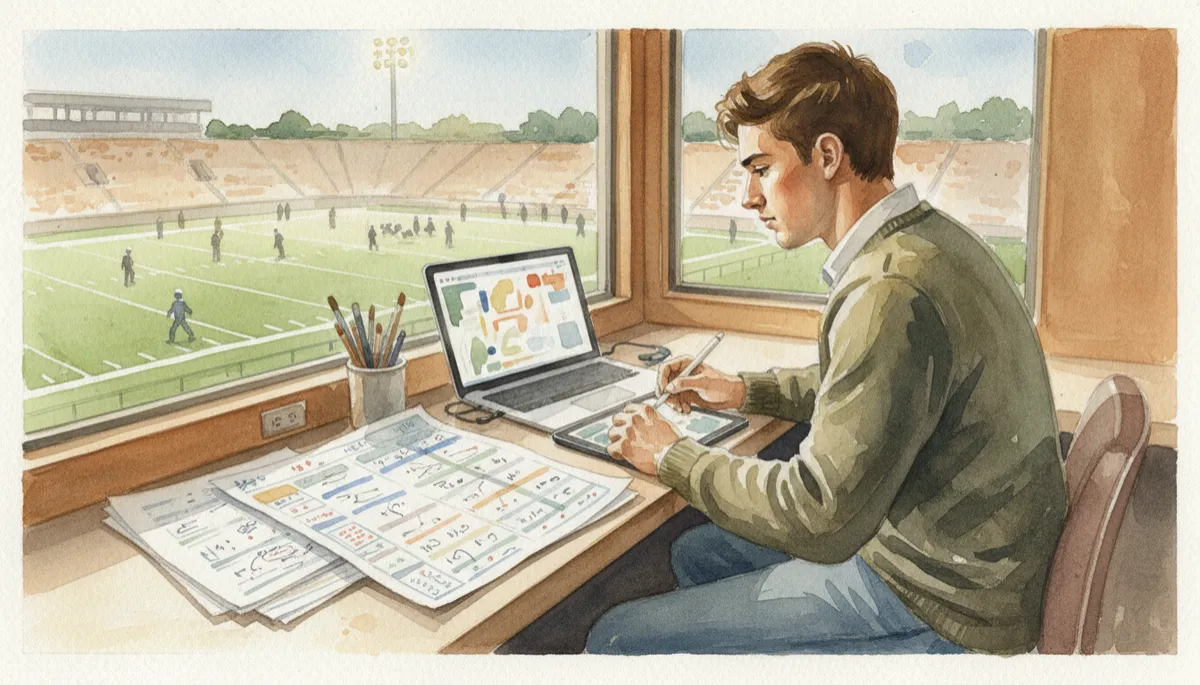 High school football statistician recording game stats from the press box