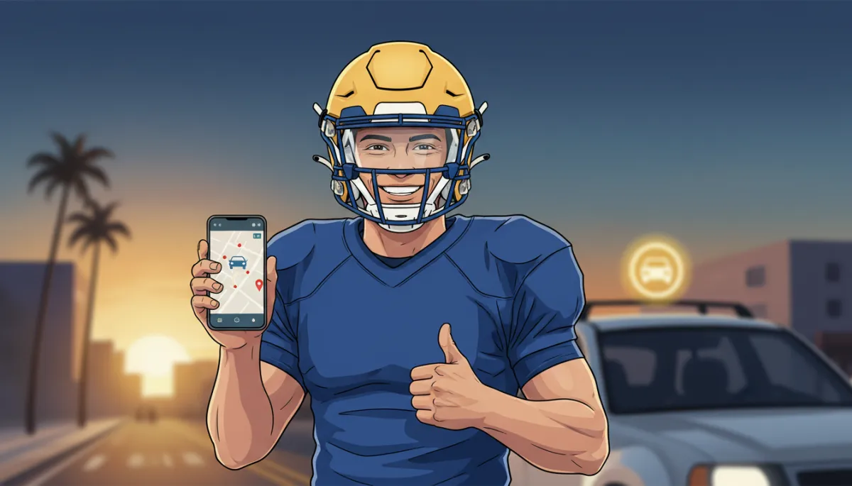 College athlete in team hoodie exiting car on campus at dusk