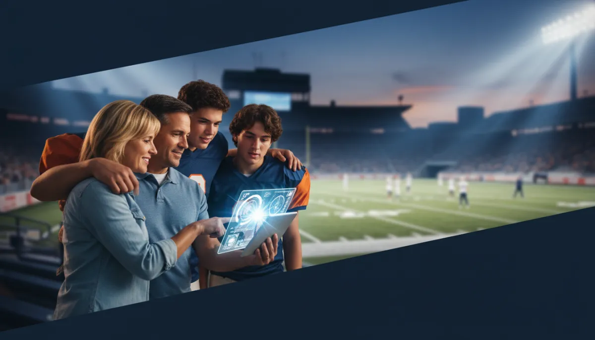 Middle school football player and parent with coach at sunset