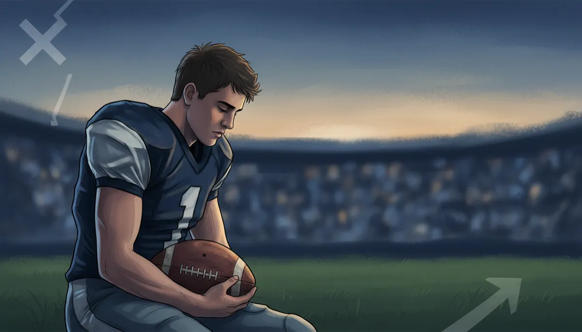 High school football player in bleachers, serious expression, phone in hand