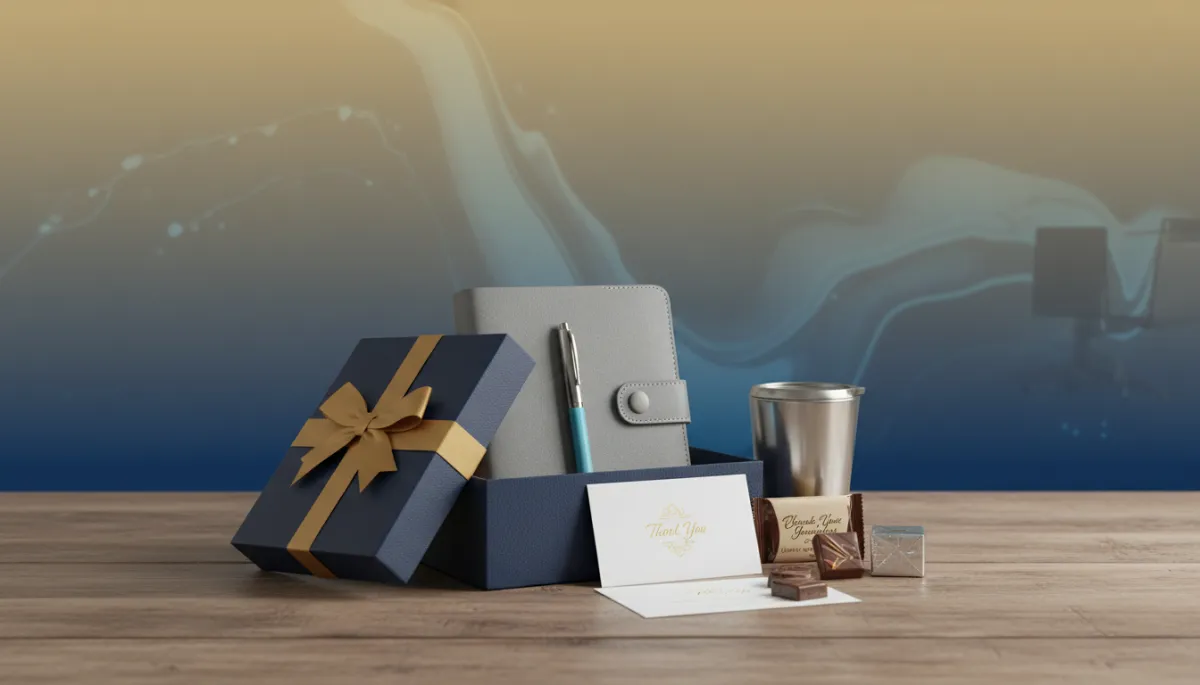 Curated neutral-toned corporate gift items arranged neatly on a desk Curated neutral-toned corporate gift items arranged neatly on a desk