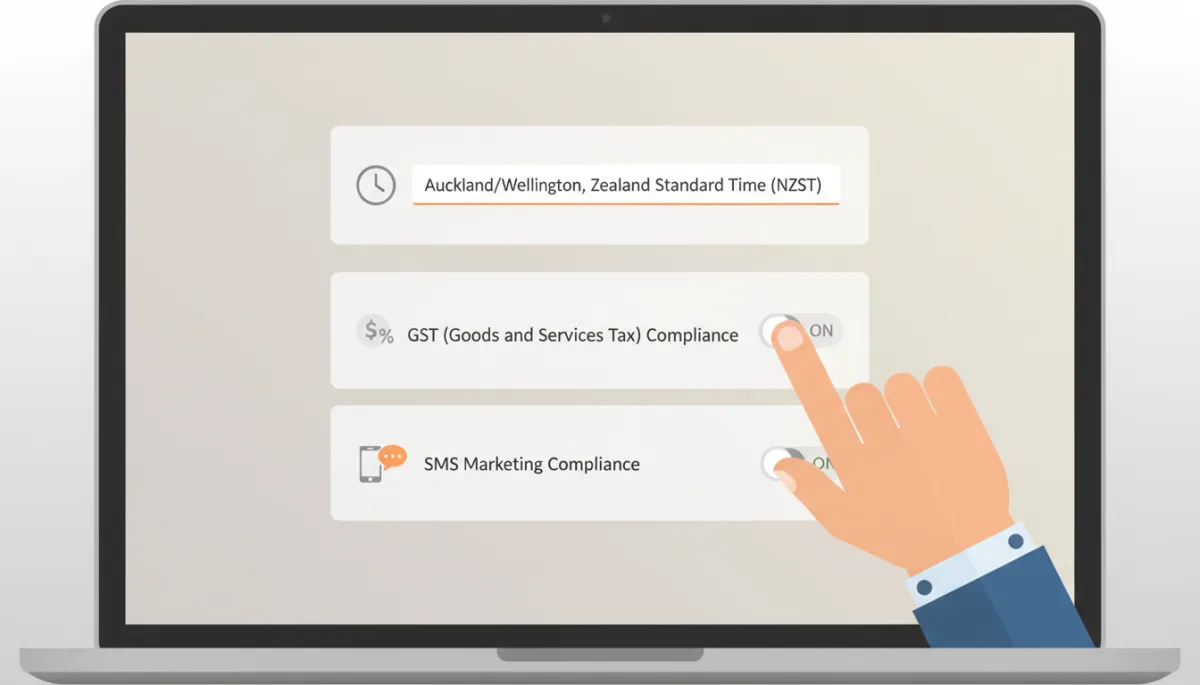 Configuring GoHighLevel settings for New Zealand timezone, GST and SMS compliance on a laptop Configuring GoHighLevel settings for New Zealand timezone, GST and SMS compliance on a laptop
