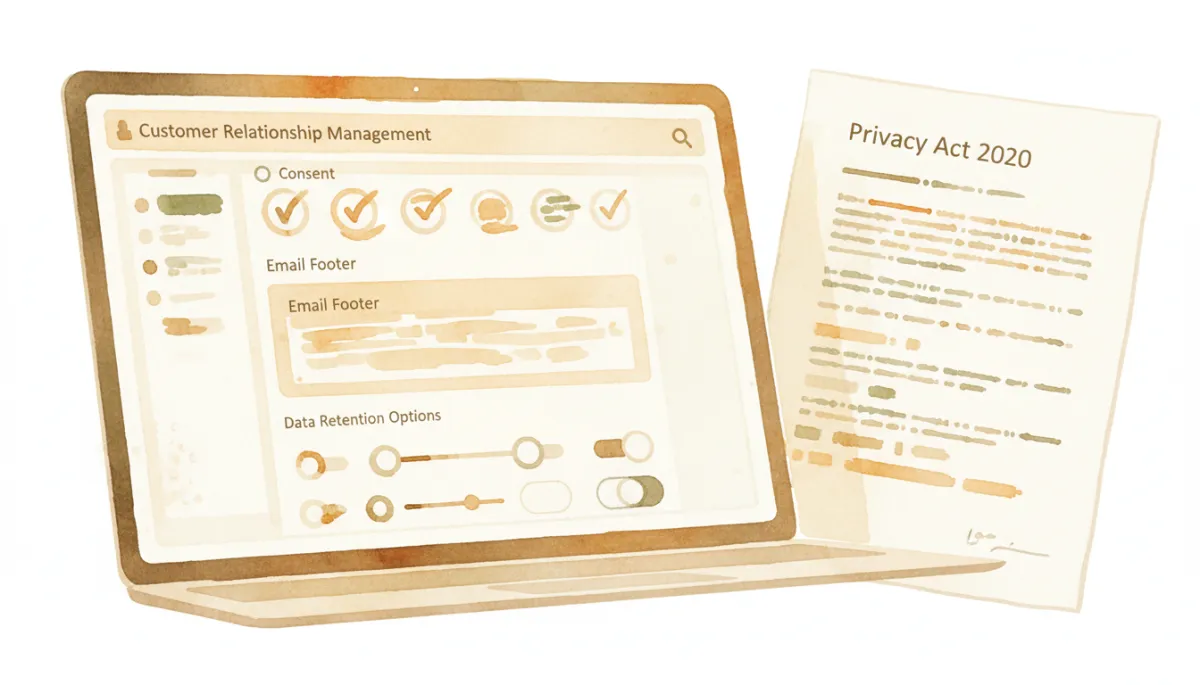 professional photorealistic close-up of a laptop screen showing a CRM settings page with consent checkboxes, email footer text, and data retention options highlighted, alongside a printed copy of the Privacy Act 2020 professional photorealistic close-up of a laptop screen showing a CRM settings page with consent checkboxes, email footer text, and data retention options highlighted, alongside a printed copy of the Privacy Act 2020