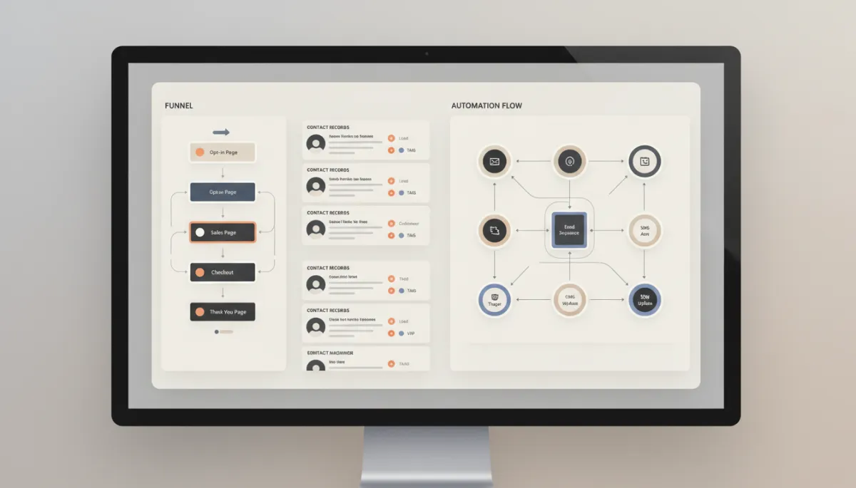 Connected forms, funnels, and workflows visualised on a CRM dashboard Connected forms, funnels, and workflows visualised on a CRM dashboard