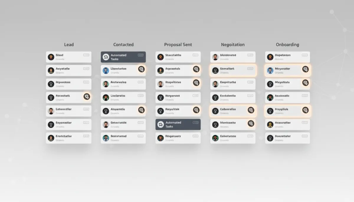 Visual pipeline showing automated stages from new lead to onboarding in a CRM Visual pipeline showing automated stages from new lead to onboarding in a CRM