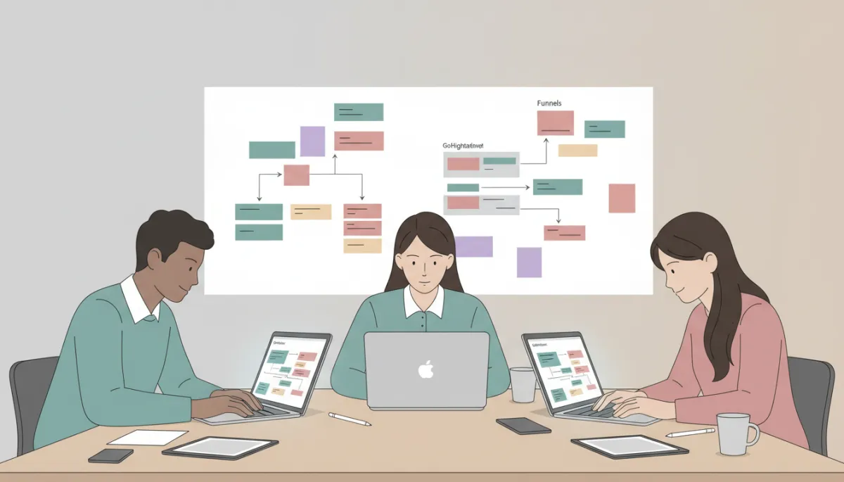 GoHighLevel implementation specialists collaborating on CRM workflows in a modern office