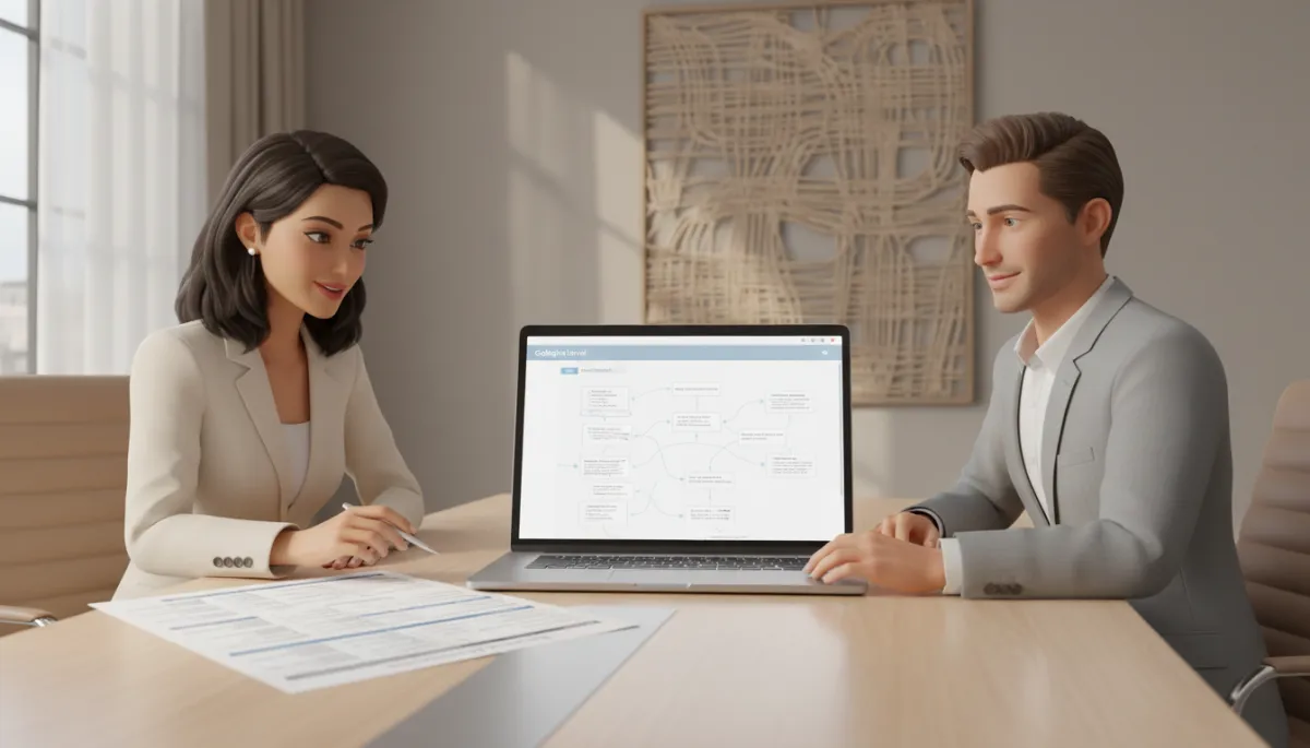 professional photorealistic scene of a GoHighLevel expert and agency owner in a meeting room with neutral colours, reviewing a printed CRM health audit checklist and a laptop showing cleaned-up workflows, both looking focused and positive, professional style professional photorealistic scene of a GoHighLevel expert and agency owner in a meeting room with neutral colours, reviewing a printed CRM health audit checklist and a laptop showing cleaned-up workflows, both looking focused and positive, professional style