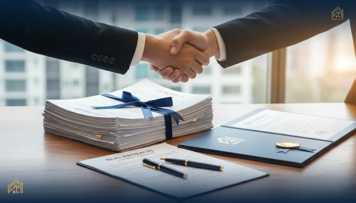 Photorealistic professional handshake over certified real estate documents Photorealistic professional handshake over certified real estate documents
