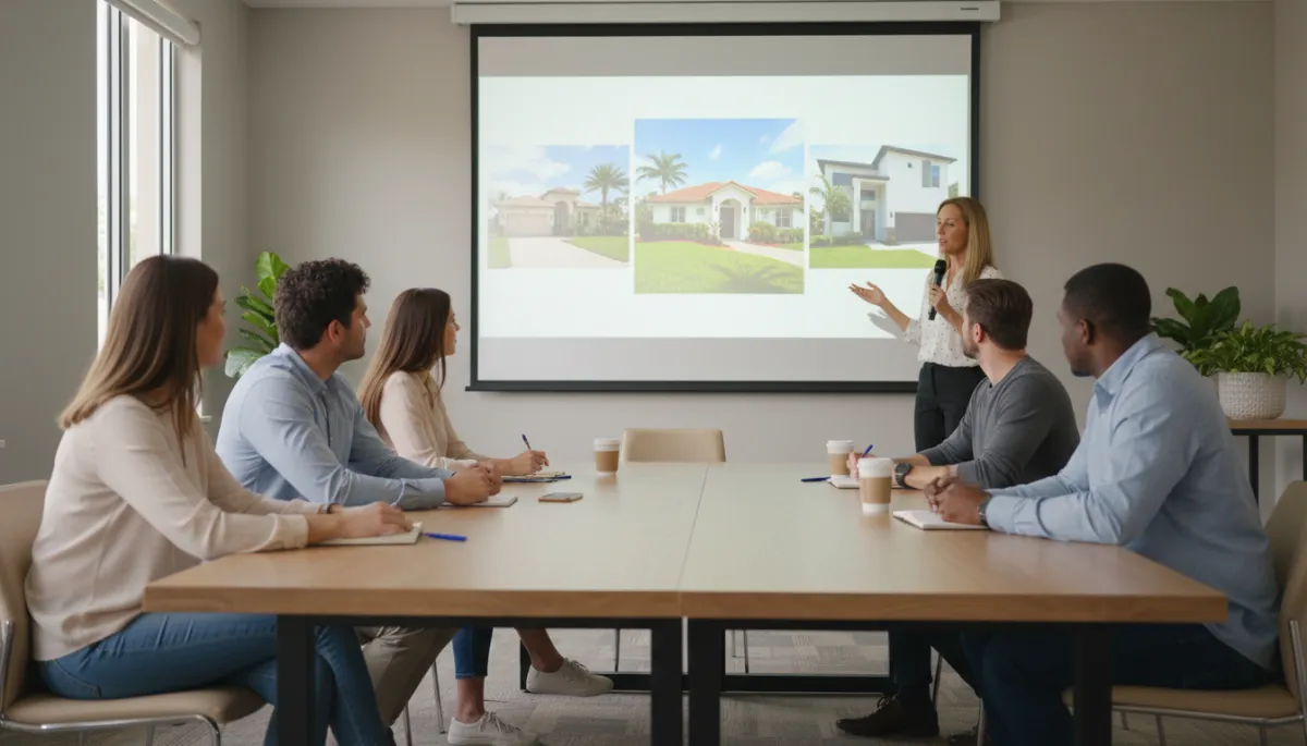 photorealistic classroom-style setting with a small group of adults in casual clothes listening to an instructor explaining homebuyer education on a large screen, neutral tones, Florida home images on the slides