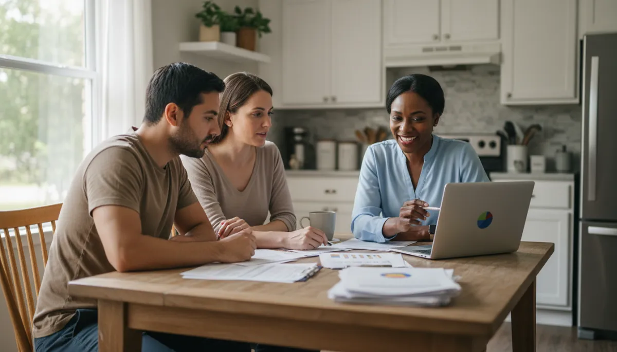 photorealistic scene of a couple at a kitchen table in a modest Florida home, reviewing paperwork and a laptop with a smiling housing counselor, neutral colors, soft natural light from window