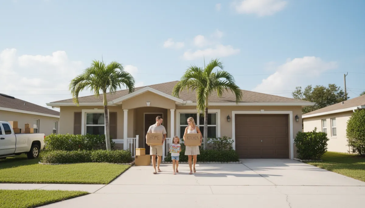 photorealistic image of a young family carrying moving boxes into a modest Florida ranch-style home with a small front porch, neutral color palette, sunny afternoon, palm trees and a quiet neighborhood street