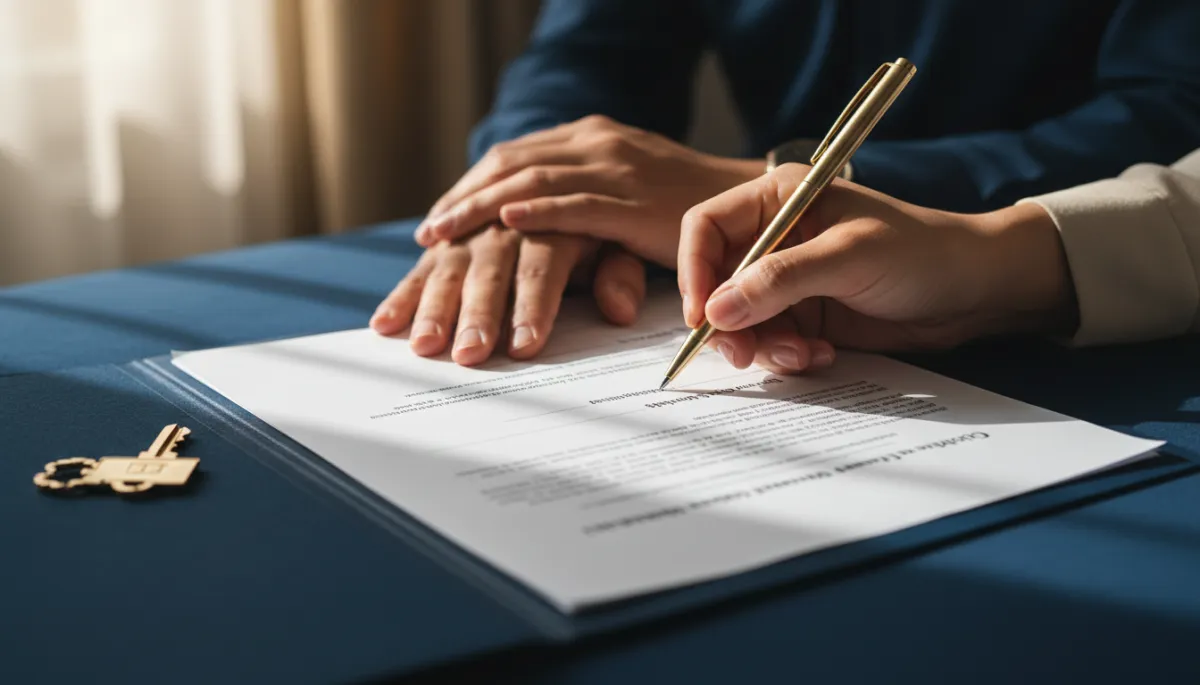 Couple signing an owner financing agreement on a navy blue folder