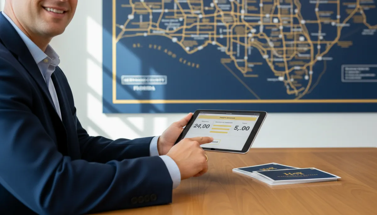 Real estate professional explaining an owner financing payment schedule on a tablet