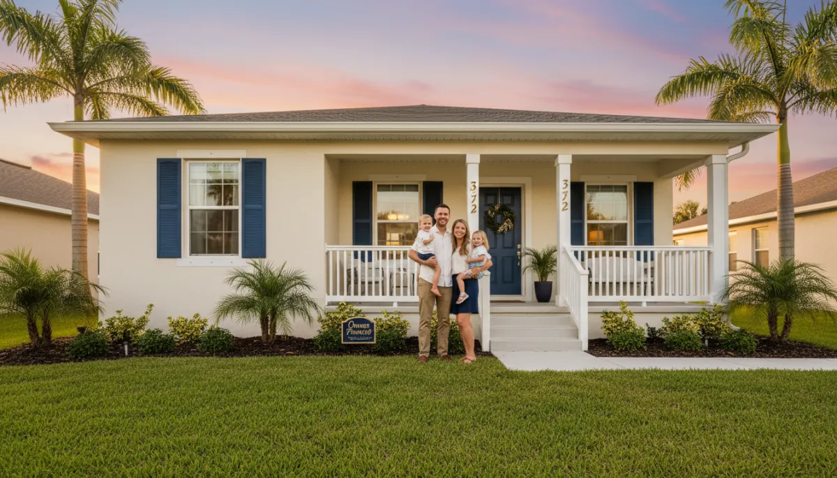 Happy family standing on the porch of an owner-financed Florida home at sunset