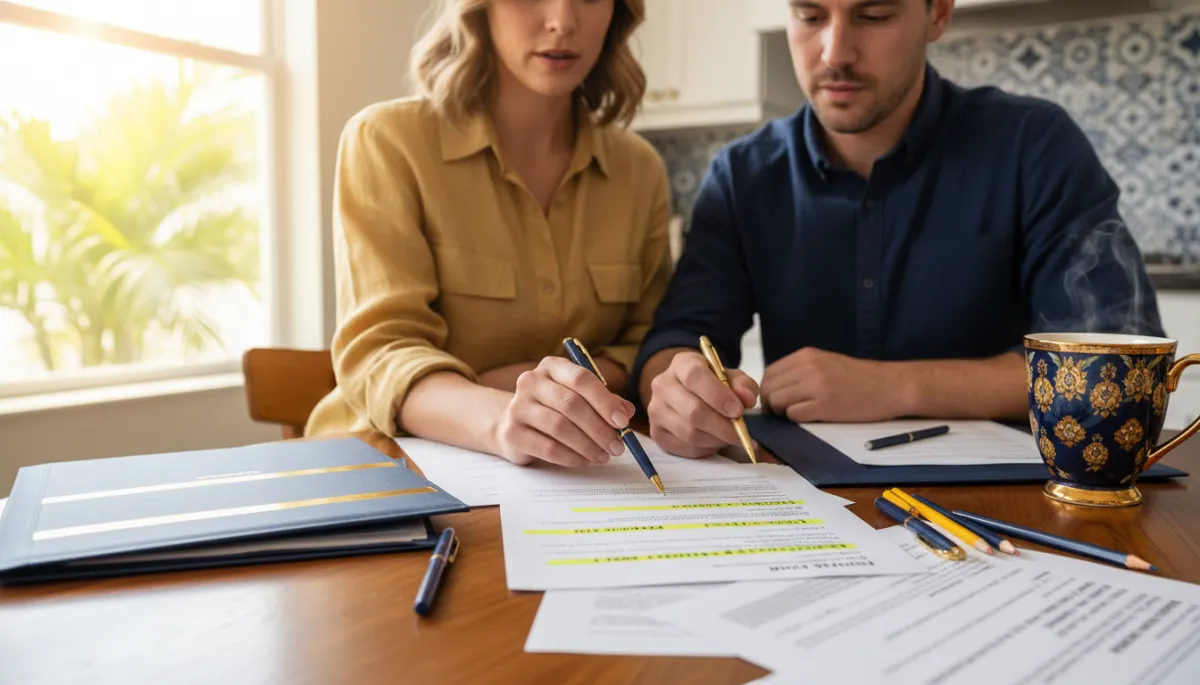 Florida renters reviewing a rent-to-own agreement with highlighted financial terms