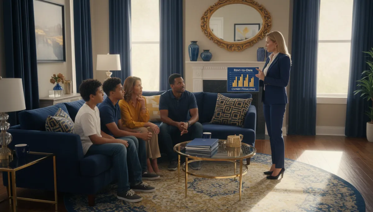Family in a Florida living room comparing rent-to-own and owner financing options