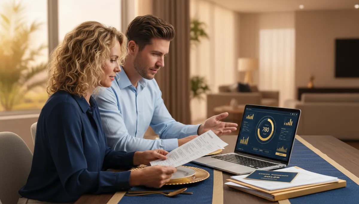 Florida couple organizing credit reports and planning their path to homeownership