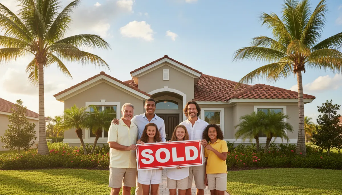 Happy family in front of a Tampa Bay home they sold quickly for cash