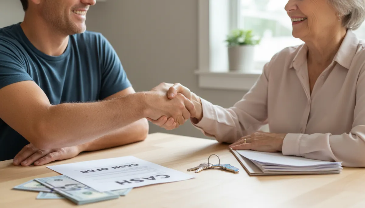 Local cash home buyer shaking hands with a Hernando County homeowner over a written offer