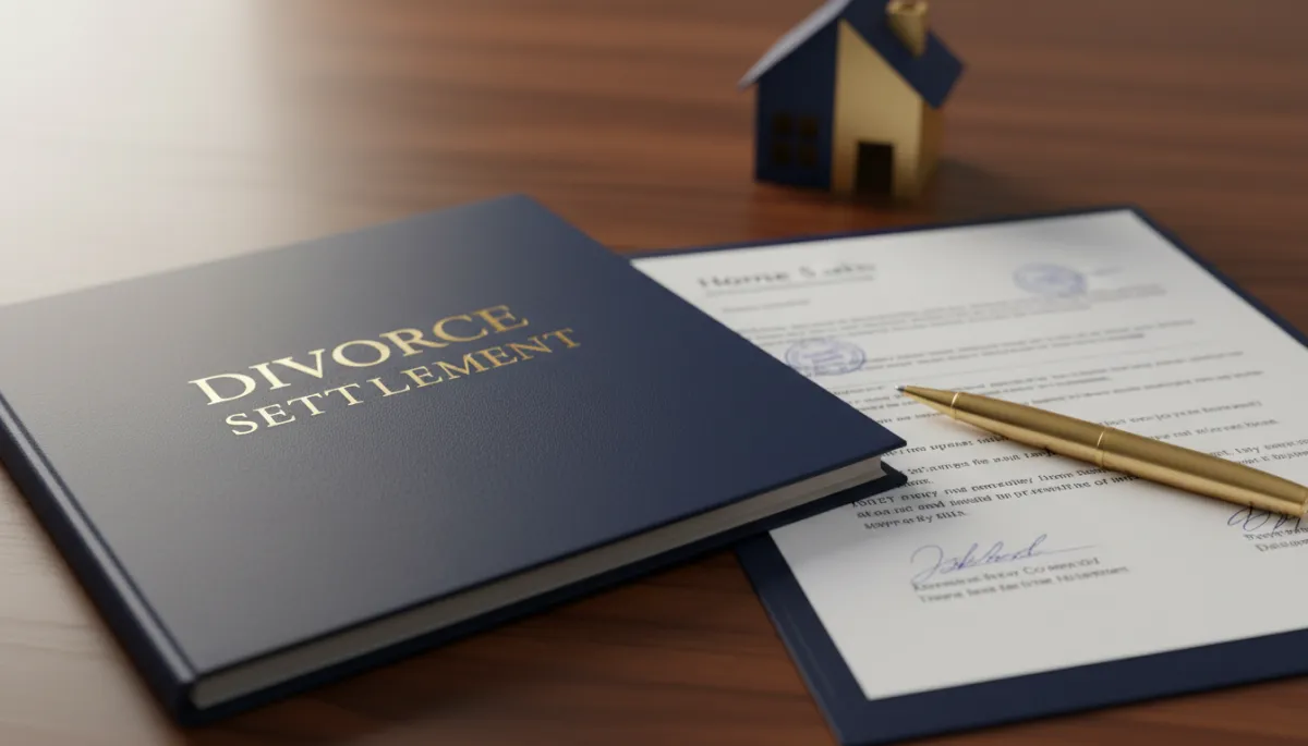 Signed divorce settlement and home sale documents on a desk