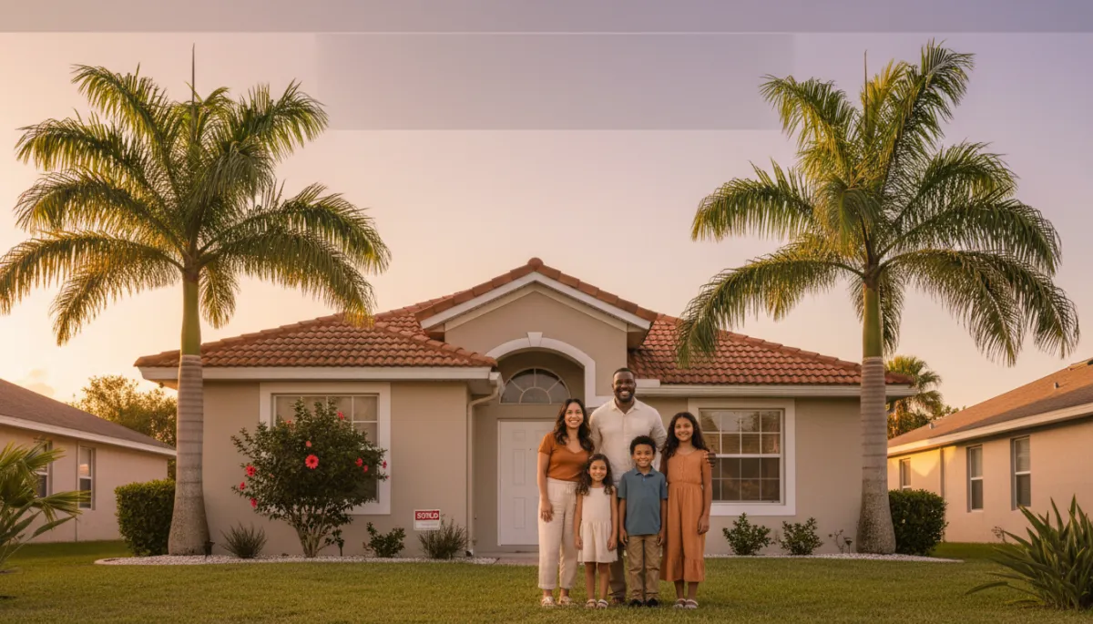 photorealistic wide shot of a diverse young family standing in front of a modest single-family Florida home with palm trees, neutral color palette, soft evening light, small SOLD sign in yard, subtle overlay space for title text