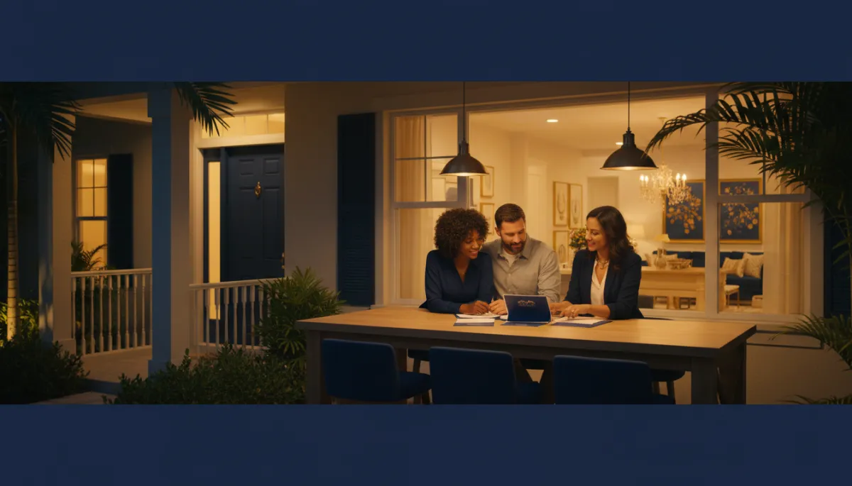 photorealistic evening scene of a Florida single-family home with warm interior lights, navy blue front door and subtle gold accents on the porch railings, diverse couple reviewing simple owner-financing documents with a friendly real estate professional at a kitchen island, soft focus background, brand colors navy blue and gold throughout
