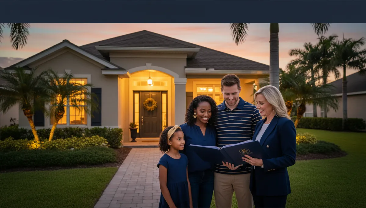 photorealistic evening scene of a Florida suburban home with warm lights on, a diverse couple and their child standing on the front walkway reviewing paperwork with a friendly real estate professional, subtle navy blue and gold accents in clothing and folders, soft sunset sky