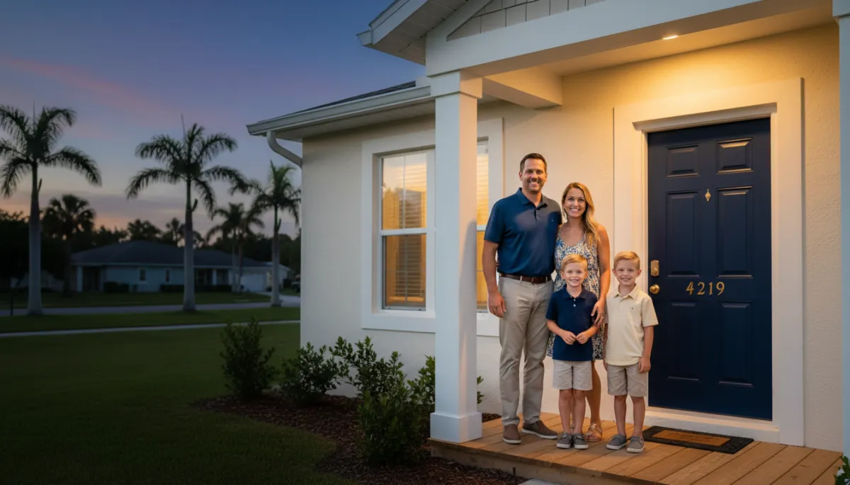 photorealistic evening scene of a Florida family standing in front of a freshly painted single‑family home with a small front porch, navy blue front door and gold house numbers, warm porch light, subtle palm trees in background, soft focus neighborhood, overlay text area in sky space