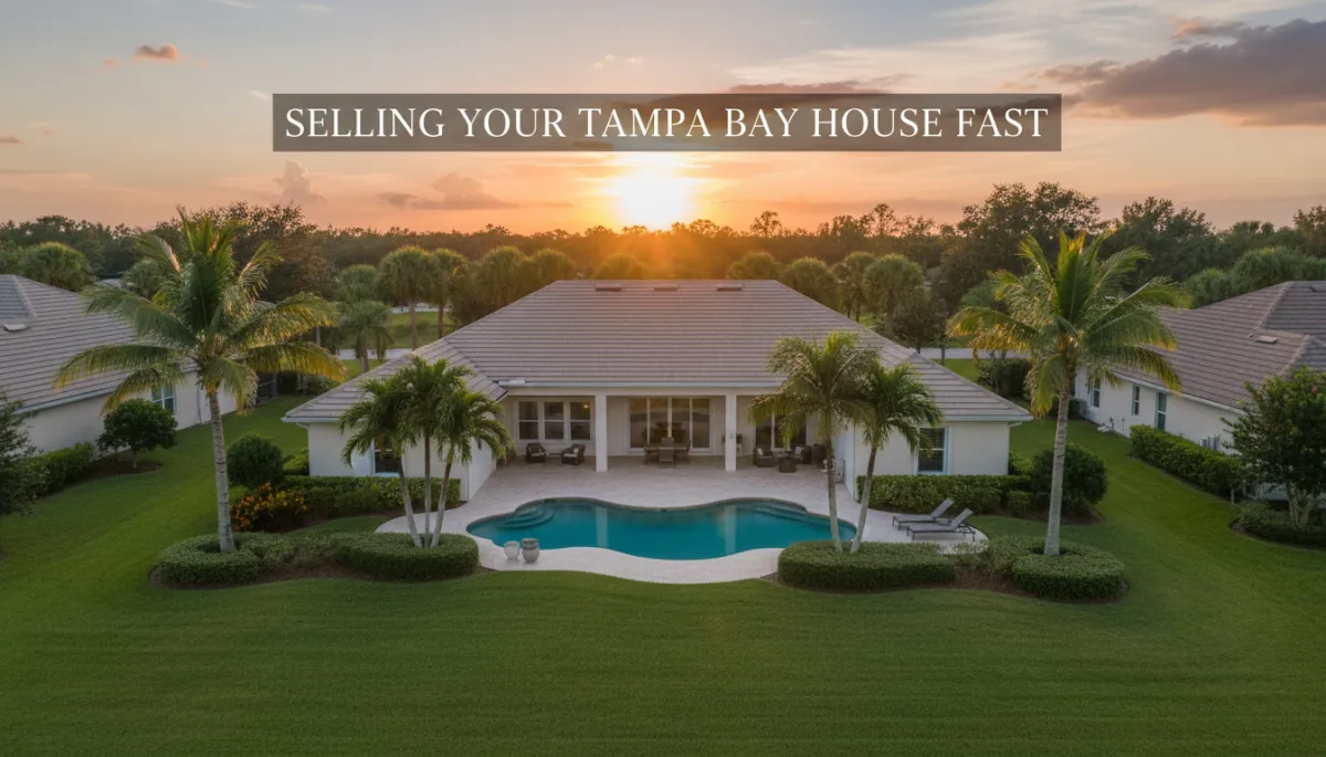 photorealistic aerial view of a well-kept single-family Florida home with palm trees and a neutral-color roof at sunset, subtle text overlay about selling your Tampa Bay house fast