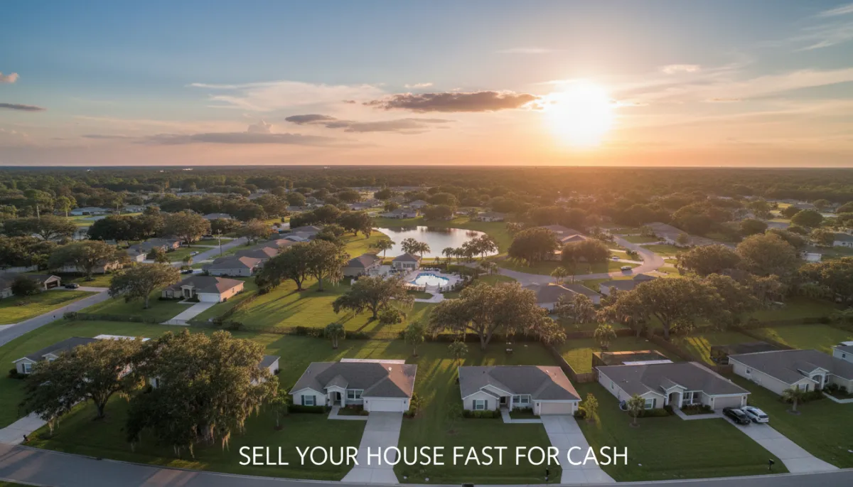 photorealistic aerial view of a quiet Hernando County Florida neighborhood at sunset, single-story homes with well-kept lawns and oak trees, neutral color palette, subtle text overlay about selling a house fast for cash