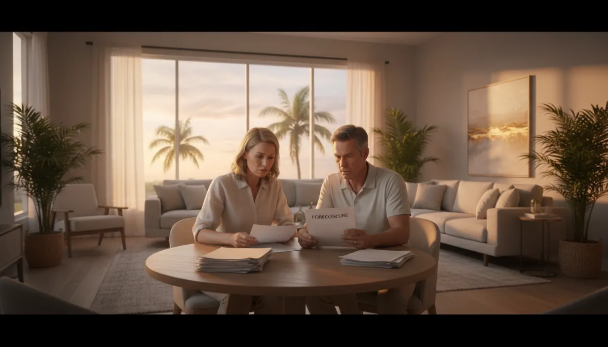 photorealistic neutral-toned interior of a Florida home living room at sunset, anxious homeowner couple sitting at a table reviewing foreclosure papers, soft natural light, calm but serious mood