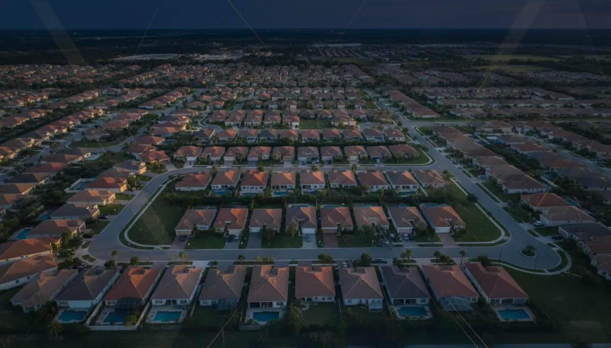 photorealistic aerial view of a Florida suburban neighborhood at sunset, navy blue sky with warm golden light reflecting off roofs, subtle navy blue and gold graphic overlay with headline text