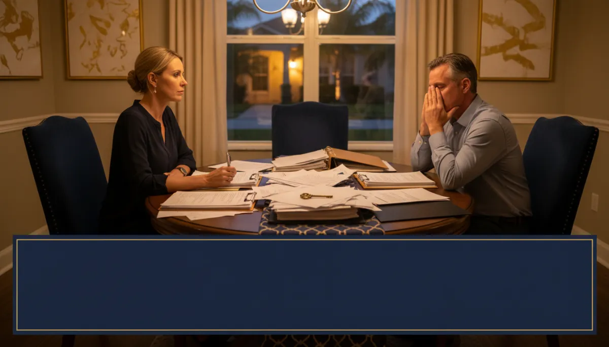 photorealistic evening scene of a Florida couple sitting at a dining table covered with divorce papers and a house key, soft navy blue and gold accents in décor, warm indoor lighting, subtle view of a suburban home through the window, overlay text area in navy blue with gold trim