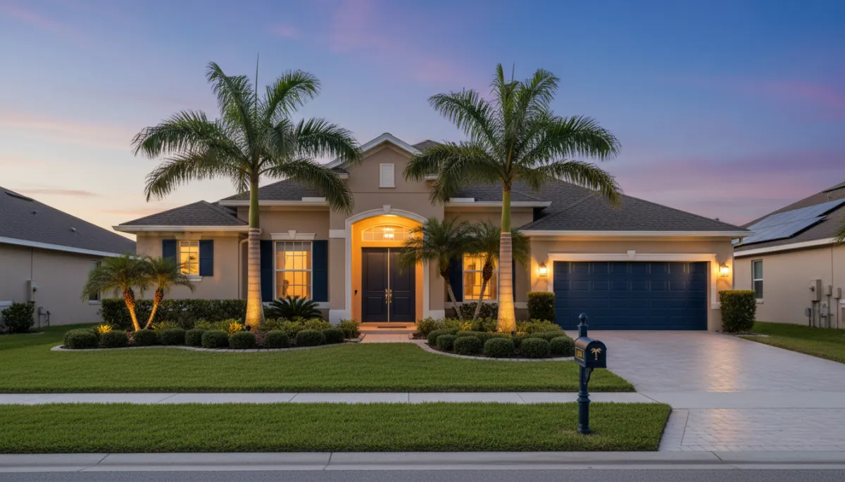 photorealistic twilight view of a neat Florida suburban home in Pasco County with palm trees, navy blue front door, warm gold exterior lighting, clean driveway and manicured lawn, subtle navy blue and gold accents on mailbox and shutters
