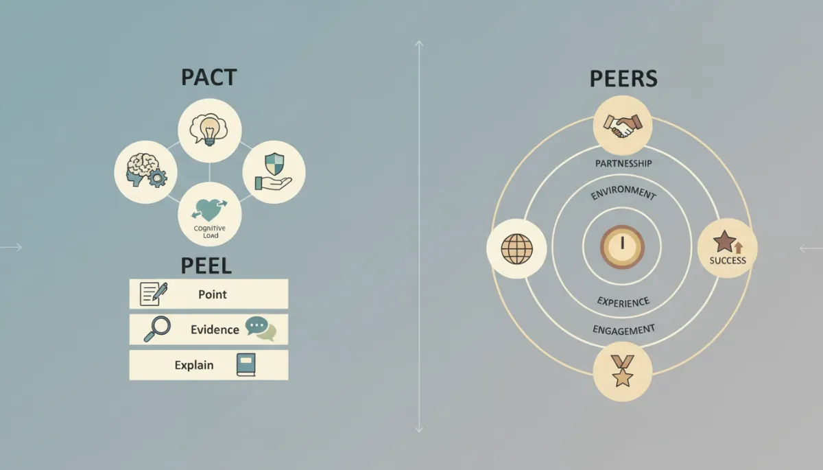 Clean professional educational infographic explaining PACT, PEEL and PEERS frameworks for PSLE oral