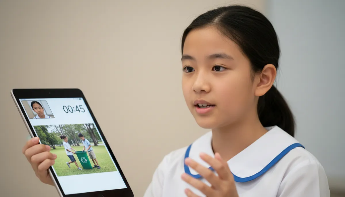 Primary 5 student doing a mock PSLE oral practice with a digital stimulus