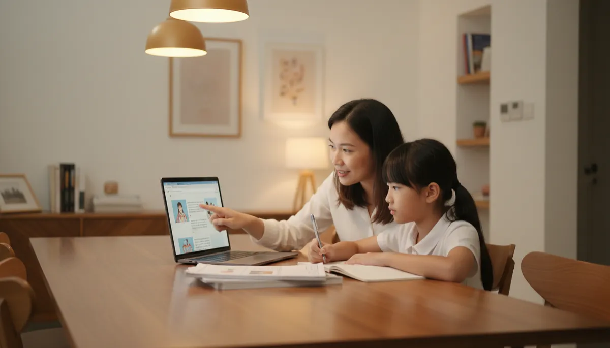 Photorealistic clean professional educational scene, warm Singapore family context; parent and P6 child sitting at a dining table with worksheets and laptop open on PSLE oral tuition website, soft neutral colours, evening home lighting