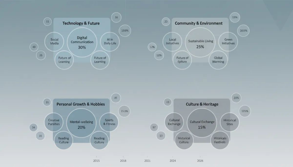 Data visualization, clean infographic, topic frequency chart of PSLE English oral themes from 2015 to 2026 with four dominant clusters highlighted, neutral colour palette with greys and muted blues, clear labels and percentages