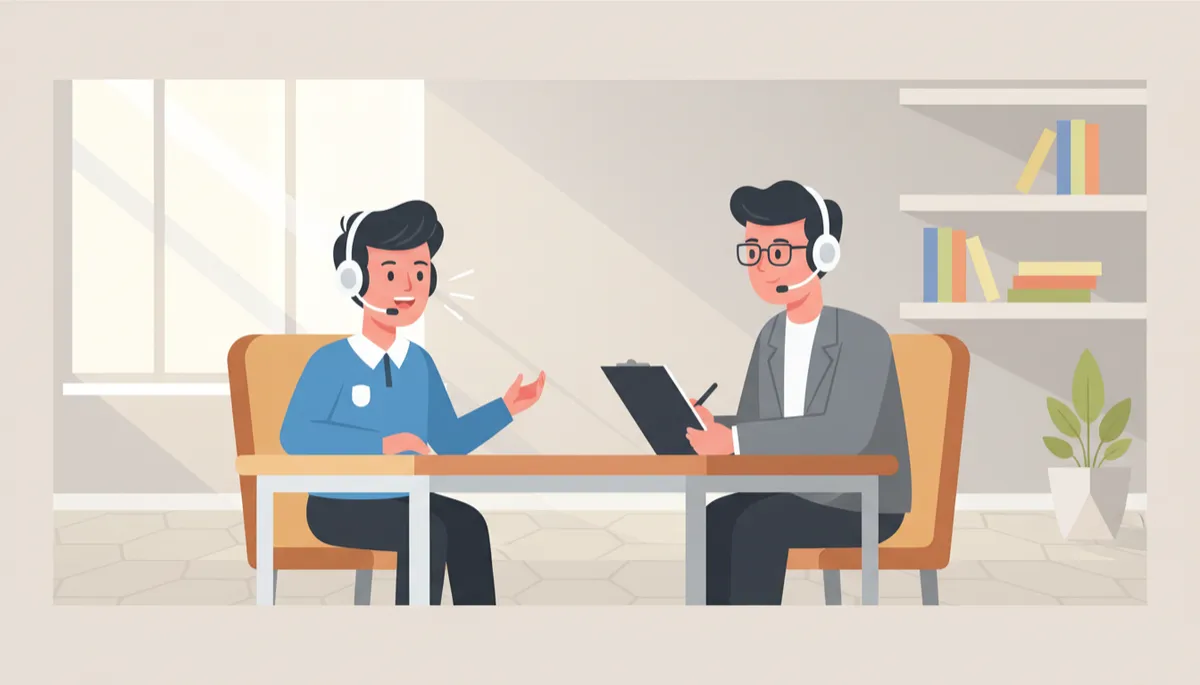 professional neutral-toned classroom scene with a Primary 6 student seated opposite an examiner at a desk, both wearing headsets, student speaking confidently while examiner looks at scoring sheet, soft natural lighting