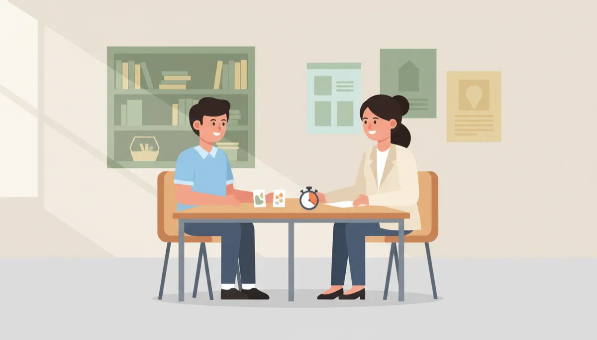 professional neutral-toned classroom setting with a Primary 6 student practising oral with a coach across a table, cue cards and stopwatch on the table, soft natural lighting