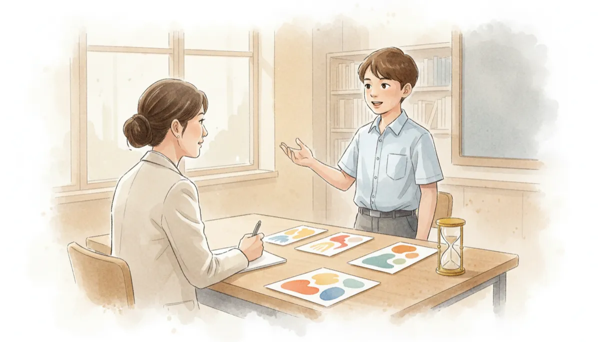 professional neutral-toned classroom scene, Primary 6 student speaking confidently to an examiner across a table, exam cards and timer visible, calm lighting, professional photography