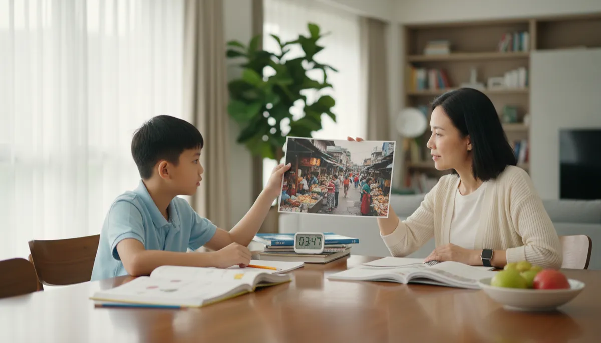 professional neutral-toned photo of a Primary 6 student and parent sitting at a dining table practising PSLE oral SBC with a printed photograph and timer, soft natural lighting, calm focused mood