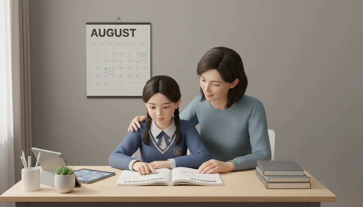 professional photograph of a calm Primary 6 student and parent reviewing an oral practice booklet at a tidy study desk, soft neutral lighting, simple background with a wall calendar marked in August