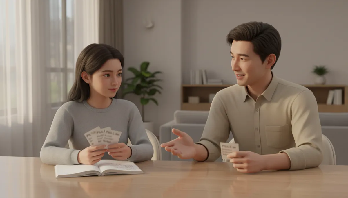 professional photorealistic scene of a Primary 6 student and parent sitting at a dining table with PSLE oral notes and cue cards, calm evening light, neutral tones, both focused as they practise a conversation-style oral exam question