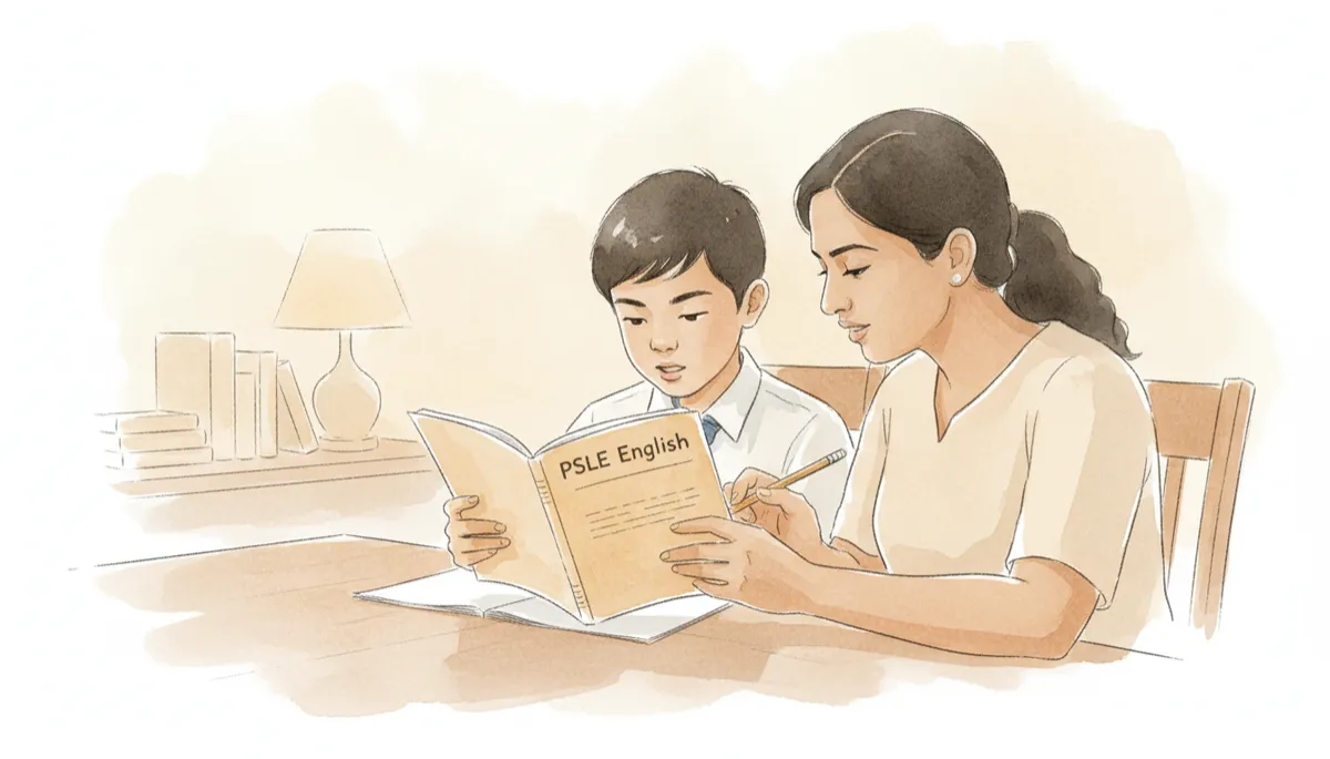 professional style, Singapore P6 student and parent sitting at a dining table with PSLE English booklet, student reading aloud while parent points at passage with pencil, warm neutral colours, calm focused mood