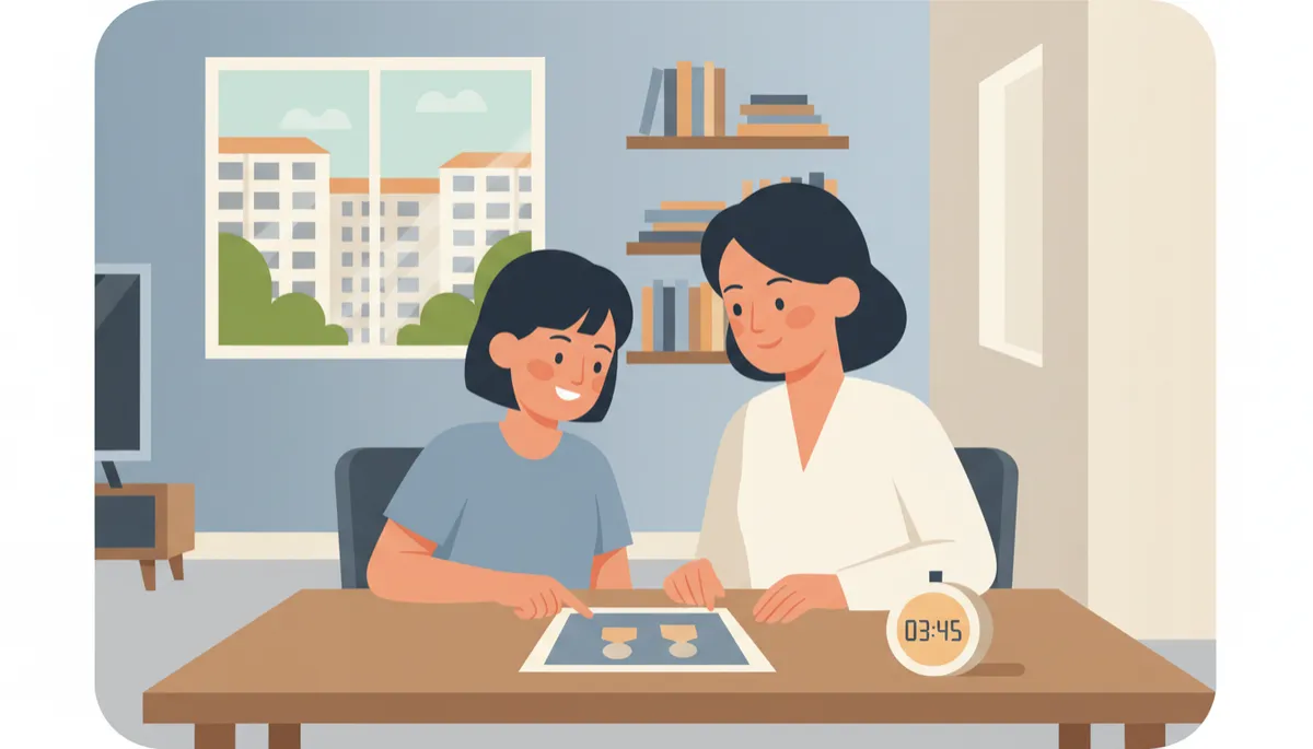 professional photorealistic scene of a Primary 6 student and parent sitting at a dining table in a Singapore HDB flat, practising PSLE oral with a printed photograph and timer on the table, calm neutral colours
