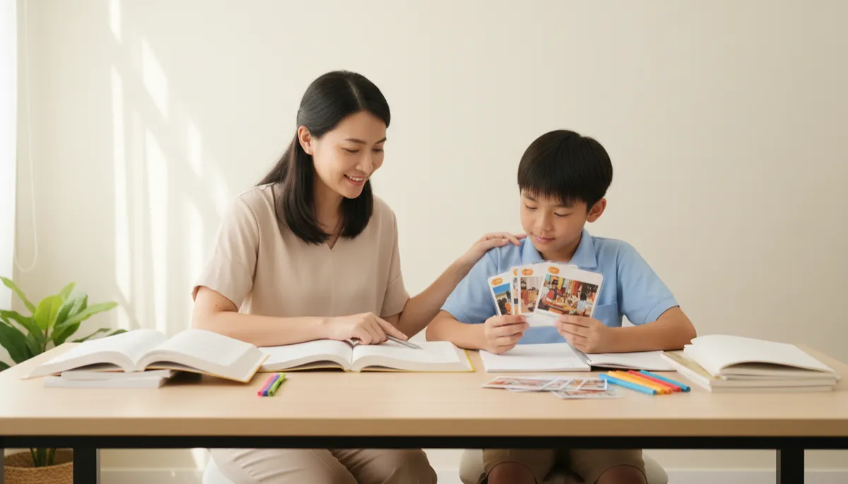 professional neutral-toned photo of a calm Singapore mother gently encouraging her Primary 6 child at a study table, open English books and oral picture cards on the table, soft natural light, both looking reassured and focused