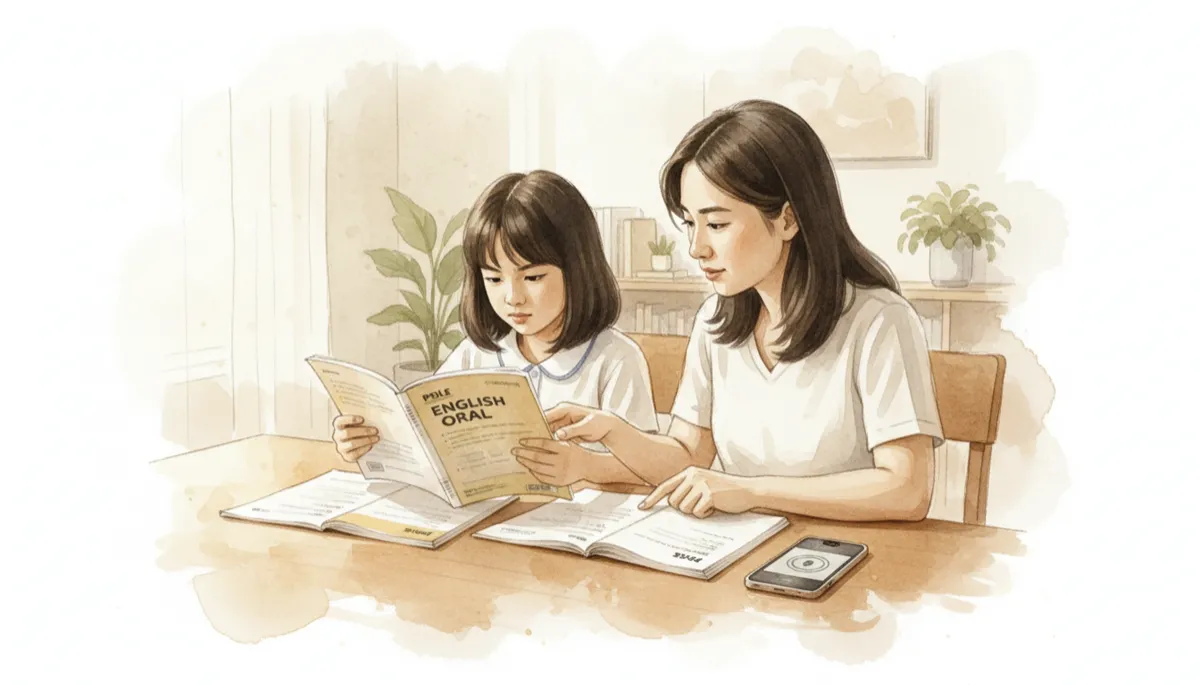 professional neutral-toned photo of a Primary 6 Singapore student practicing oral reading with a parent at a dining table, open PSLE booklet and recording phone on the table, soft natural light, calm and focused mood